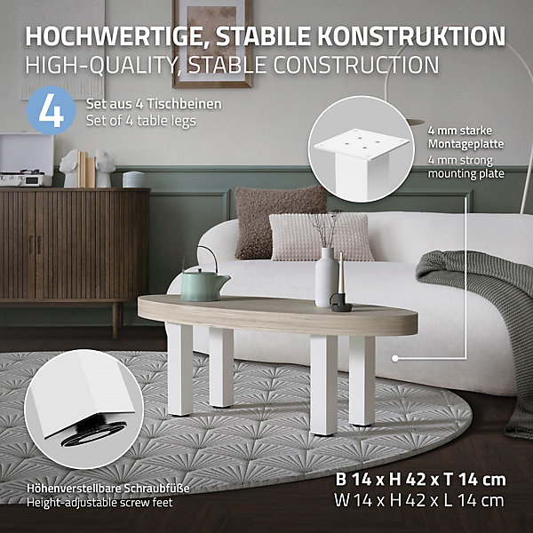 Lot de 4 pieds de table ML-Design H42 cm blanc brillant en acier profil carré 8x8 cm I-design