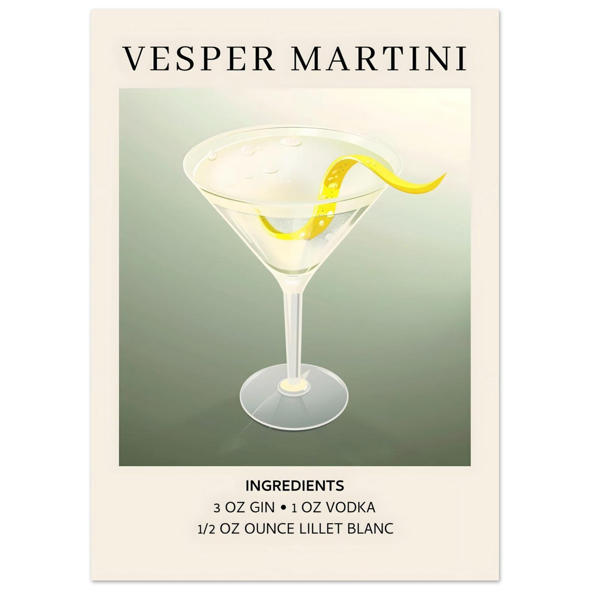 Artfulprints Poster Vesper Martini cocktail - Ingrediënten  - 50x70 cm - Grijs