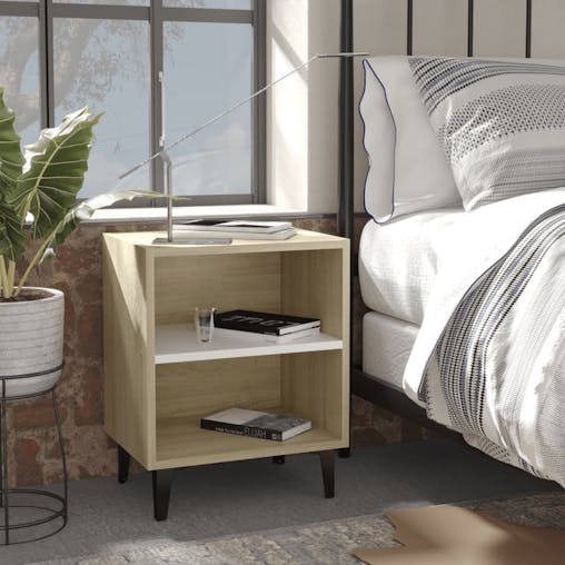 NNEVL Bed Cabinets Metal Legs 2 pcs Sonoma Oak and White 40x30x50 cm