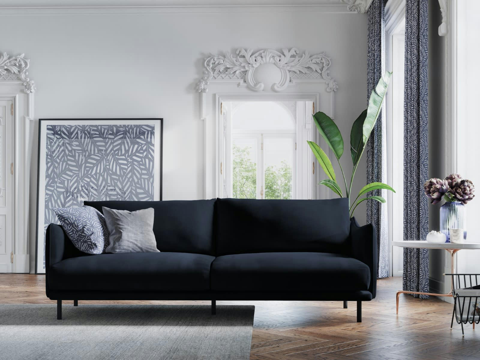 PARIS - Canapé 4 places en Velours Bleu Foncé