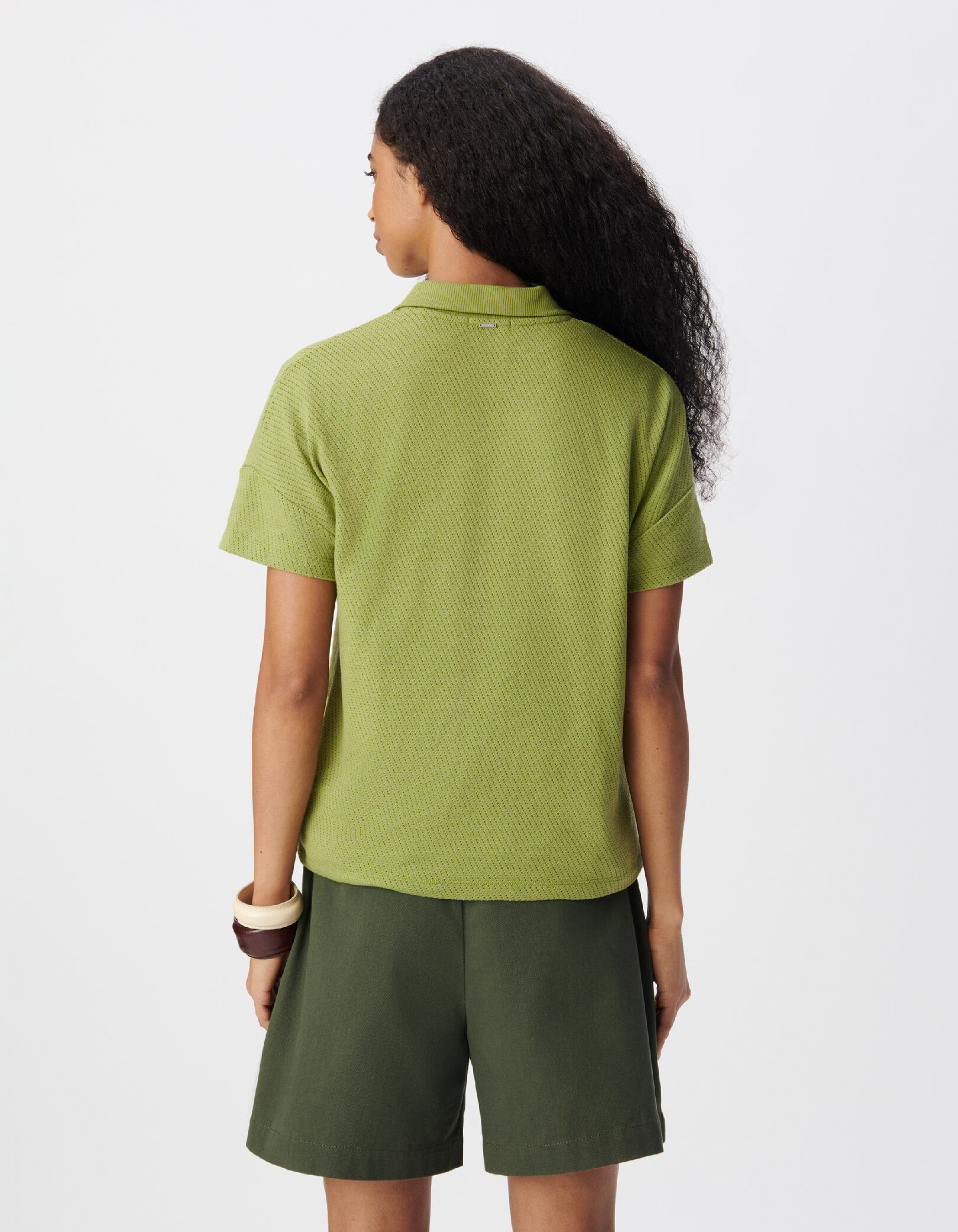 Tee-shirt col zippé vert maille fantaisie Femme