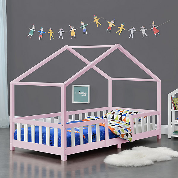 Lit d'Enfant Forme Maison avec Grille de Protection Treviolo 200 x 90 cm Rose Blanc Mat Laqué en.casa