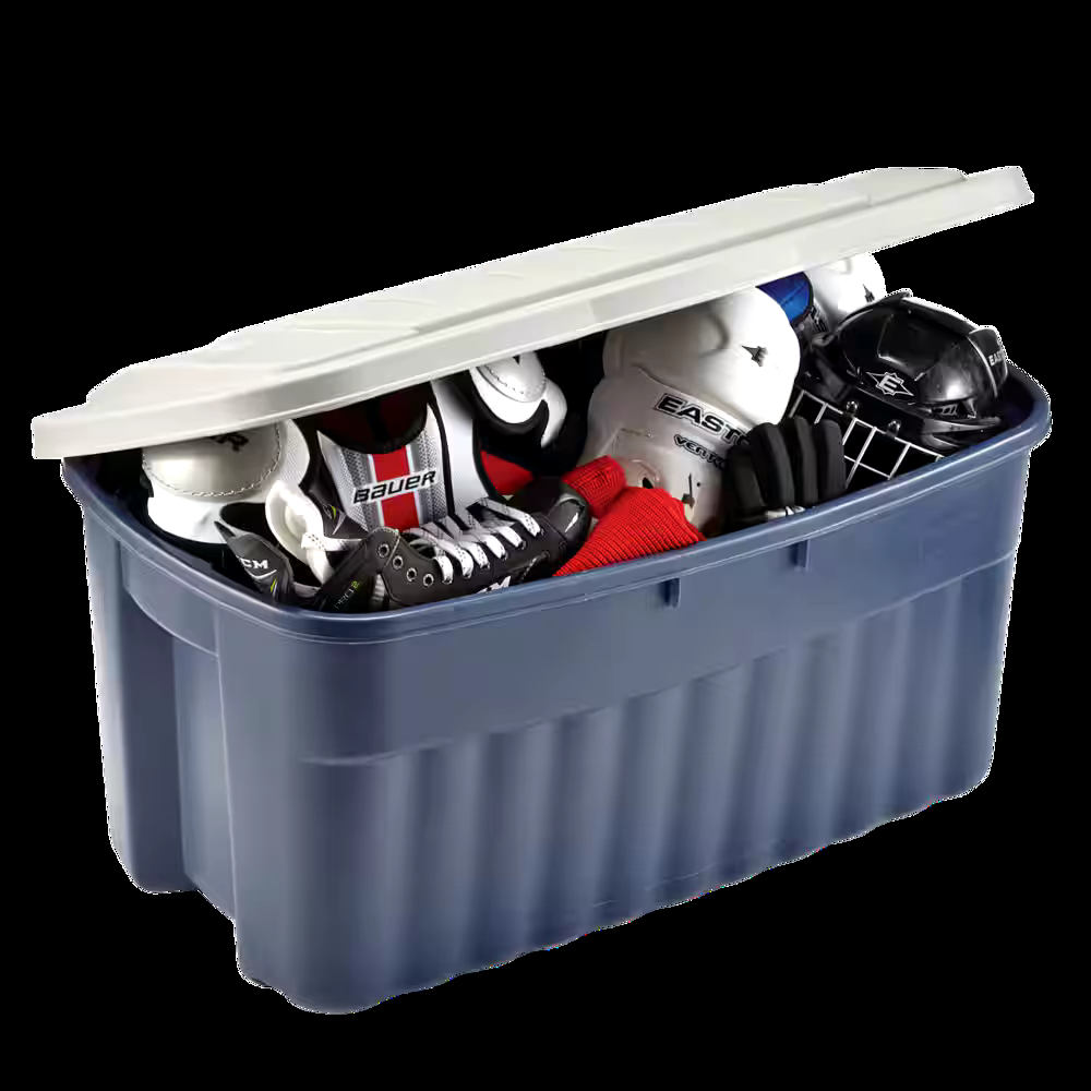 Rubbermaid Storage Box with Hinged Lid, 151-L, Blue/Grey