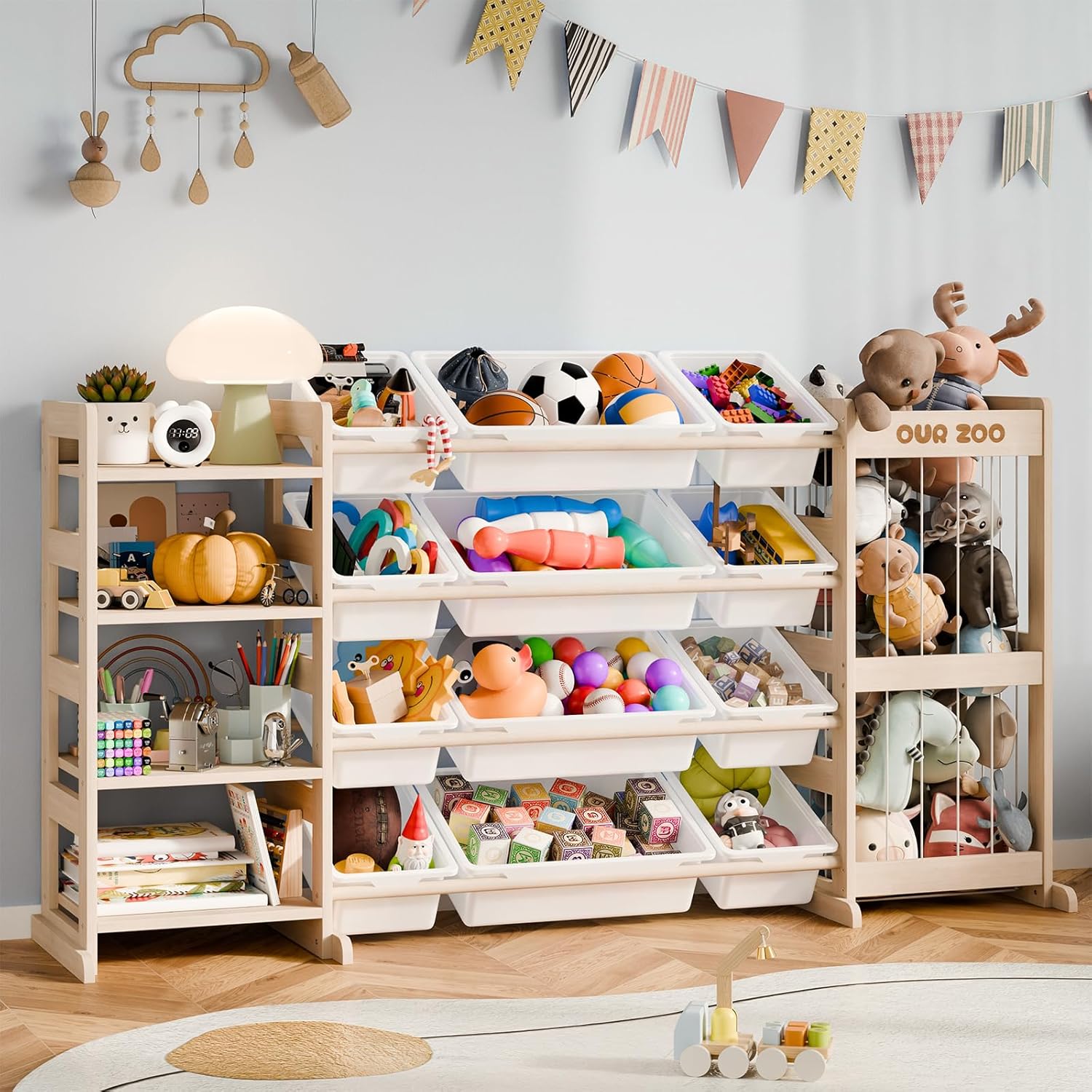 Large Kids Toy Storage Organizer - Toy Organizers and Storage with Stuffed Animal Storage, Kids Toy Storage Shelf with 12 Plastic Bins, 4-Tier Bookshelf for Kids Room, Playroom, Bedroom, 59 inch