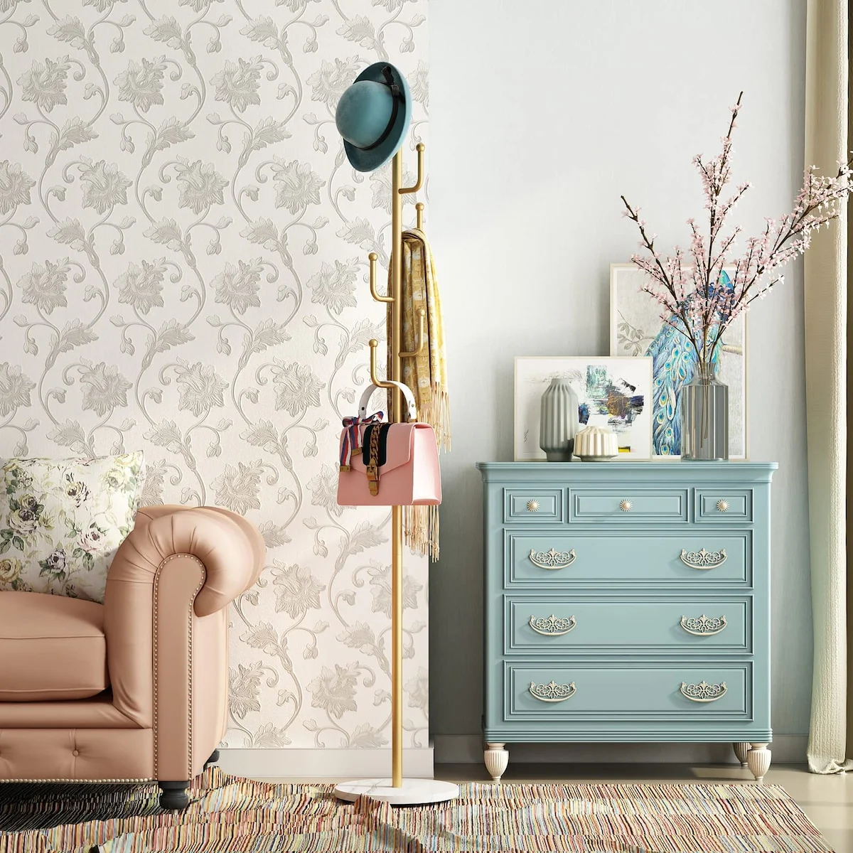 Gold Coat Rack, Free-standing Small Modern Coat Stand Tree with 6 Hooks, Marble Base, Hat & Coat Cactus Shape Hanger