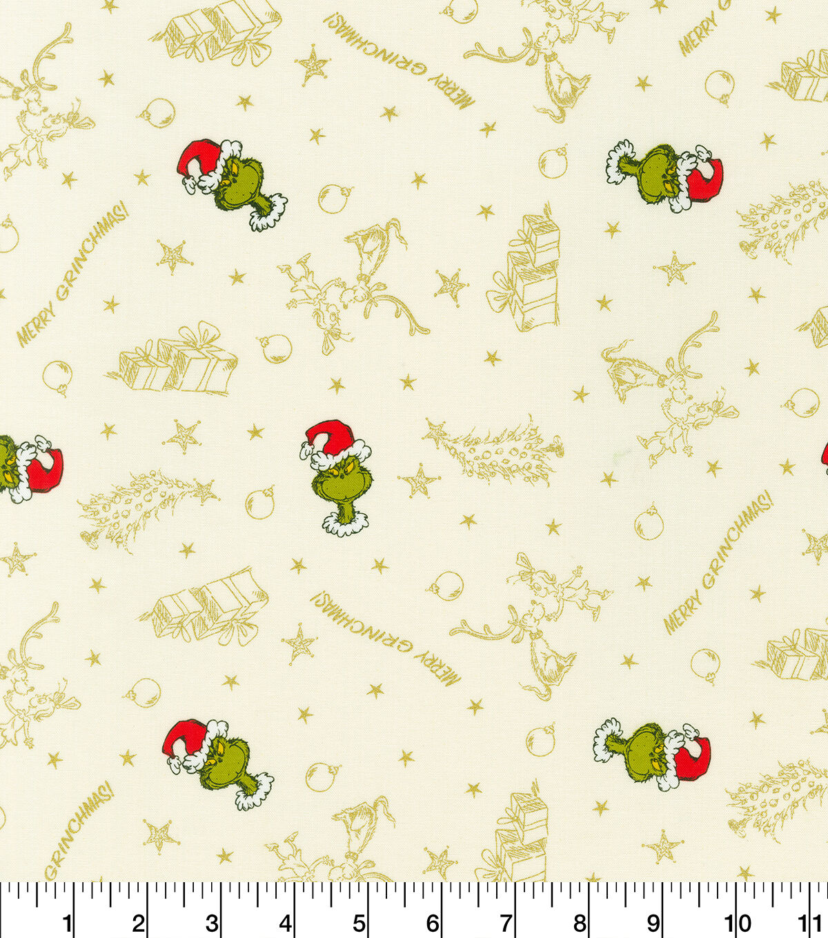 Metallic Merry Grinchmas on Ivory Christmas Cotton Fabric