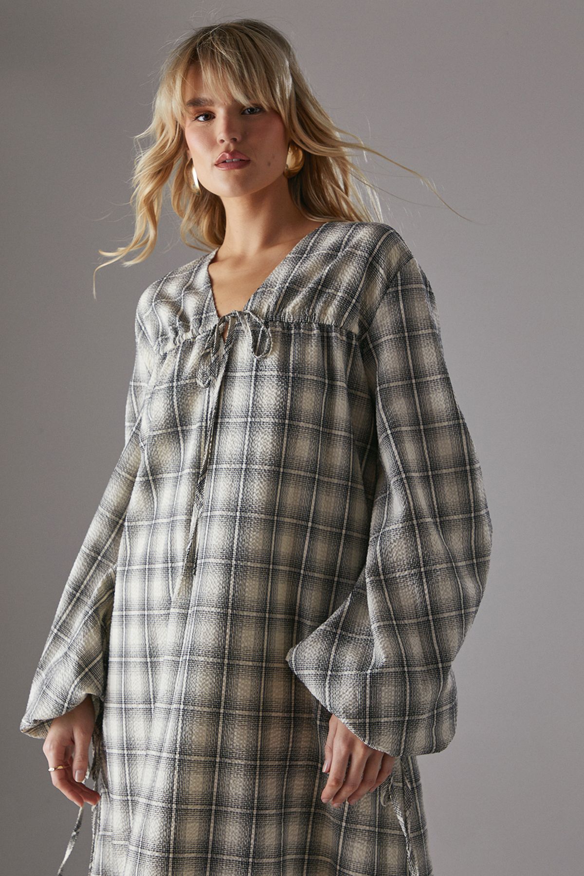 Warehouse Gathered Channel Detail Check Midi Smock Dress