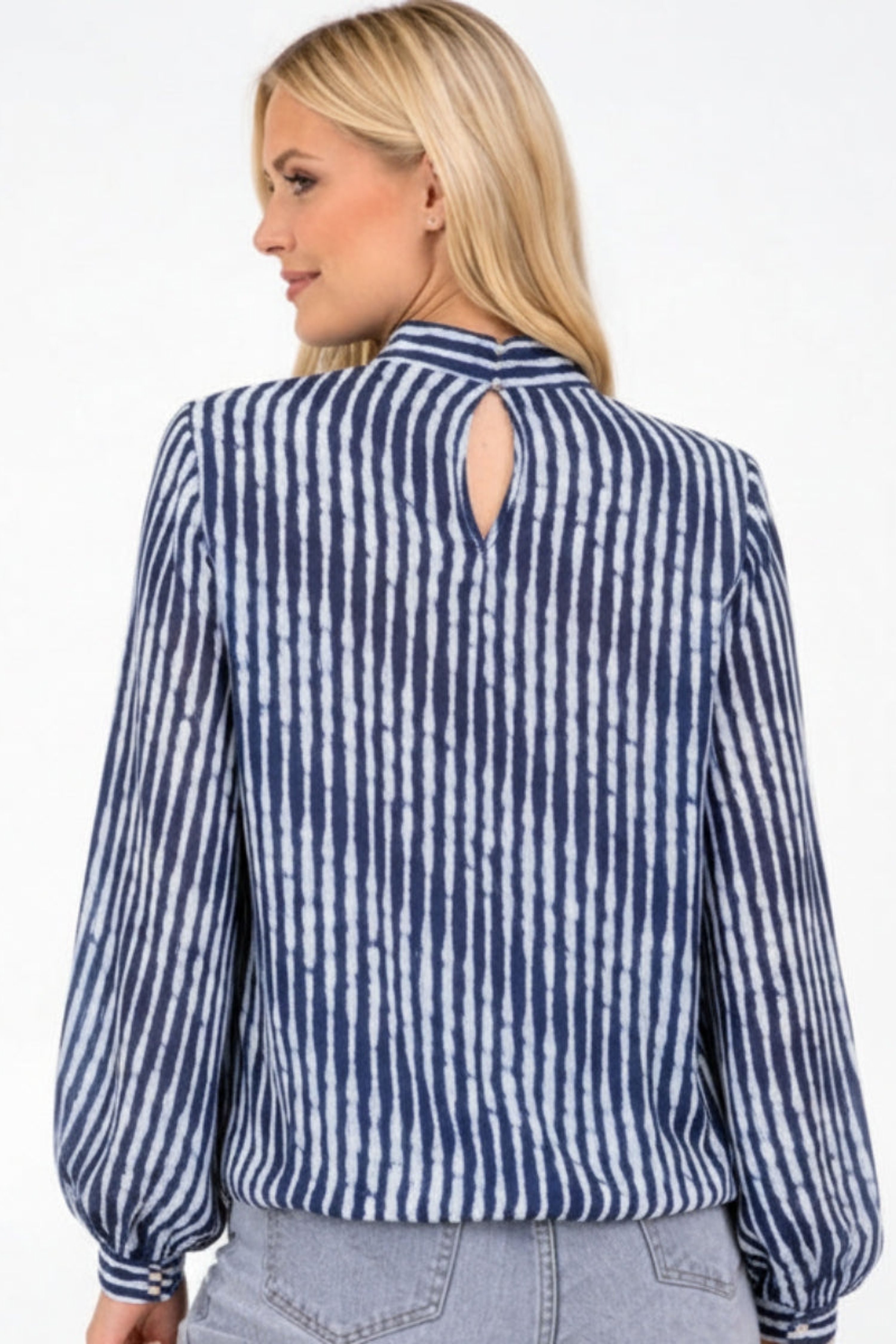 Blue Vanilla Navy Printed High Neck Puffball Blouse