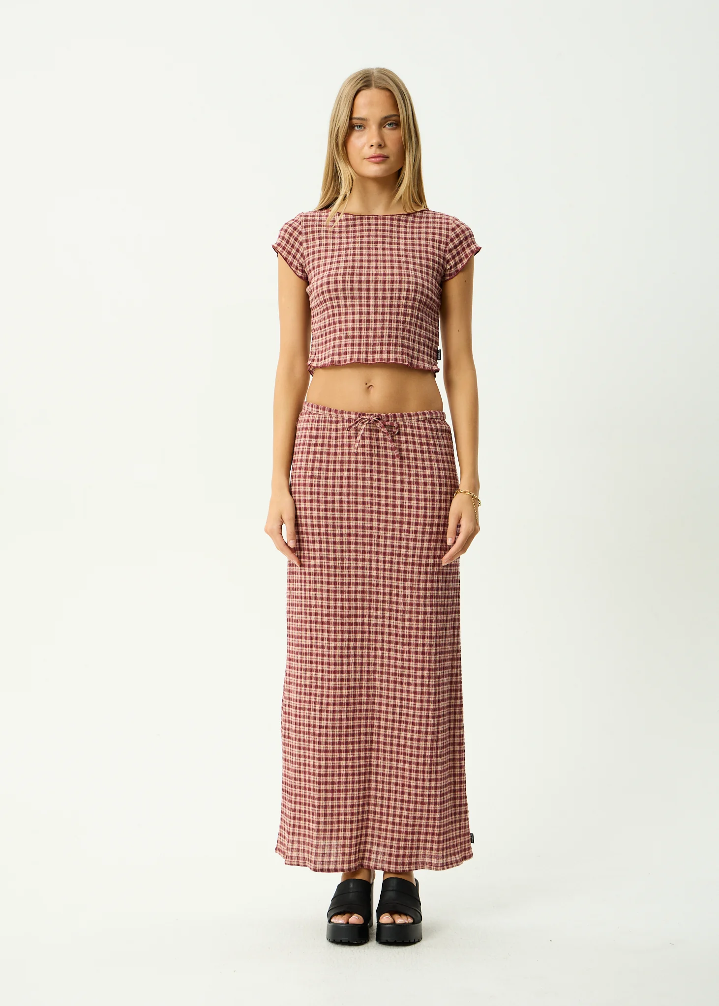 AFENDS Womens Capricorn - Seersucker Maxi Skirt - Burgundy / Beige Check