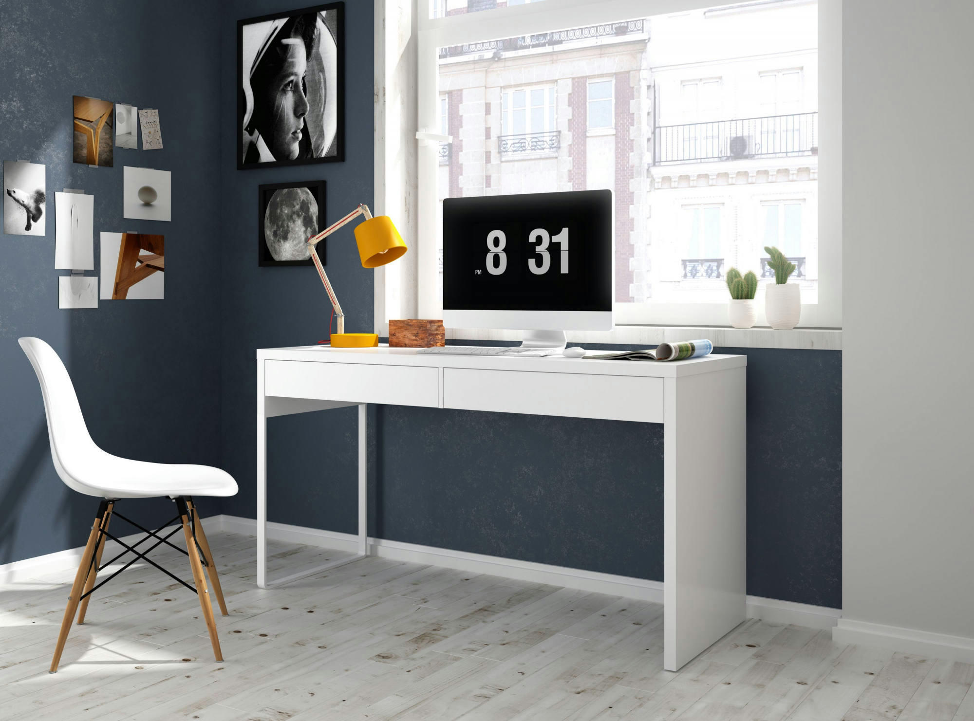 HOUSTON - Bureau avec 2 tiroirs effet bois blanc brillant
