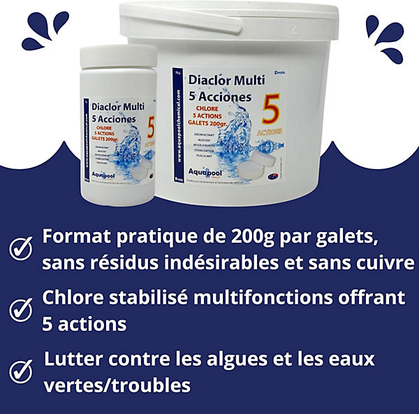 Chlore Multi Actions Galets 200G Piscine , 5 Actions : Désinfectant, Algicide, Stabilisant, Clarifiant, Floculant 5kg