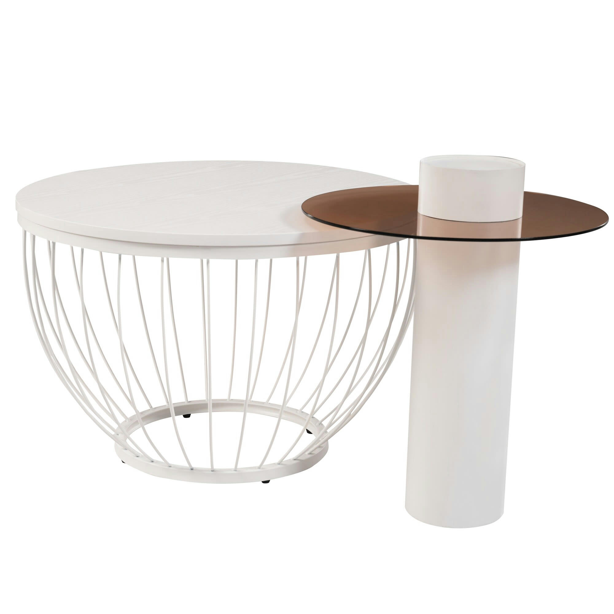 - Lot de 2 tables basses gigognes effet bois blanc et verre marron MDF