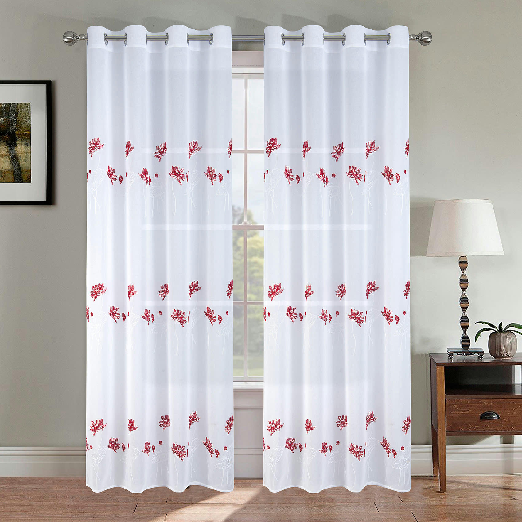 - Paire de voilage fleurie et plombée polyester rouge 140x260 cm