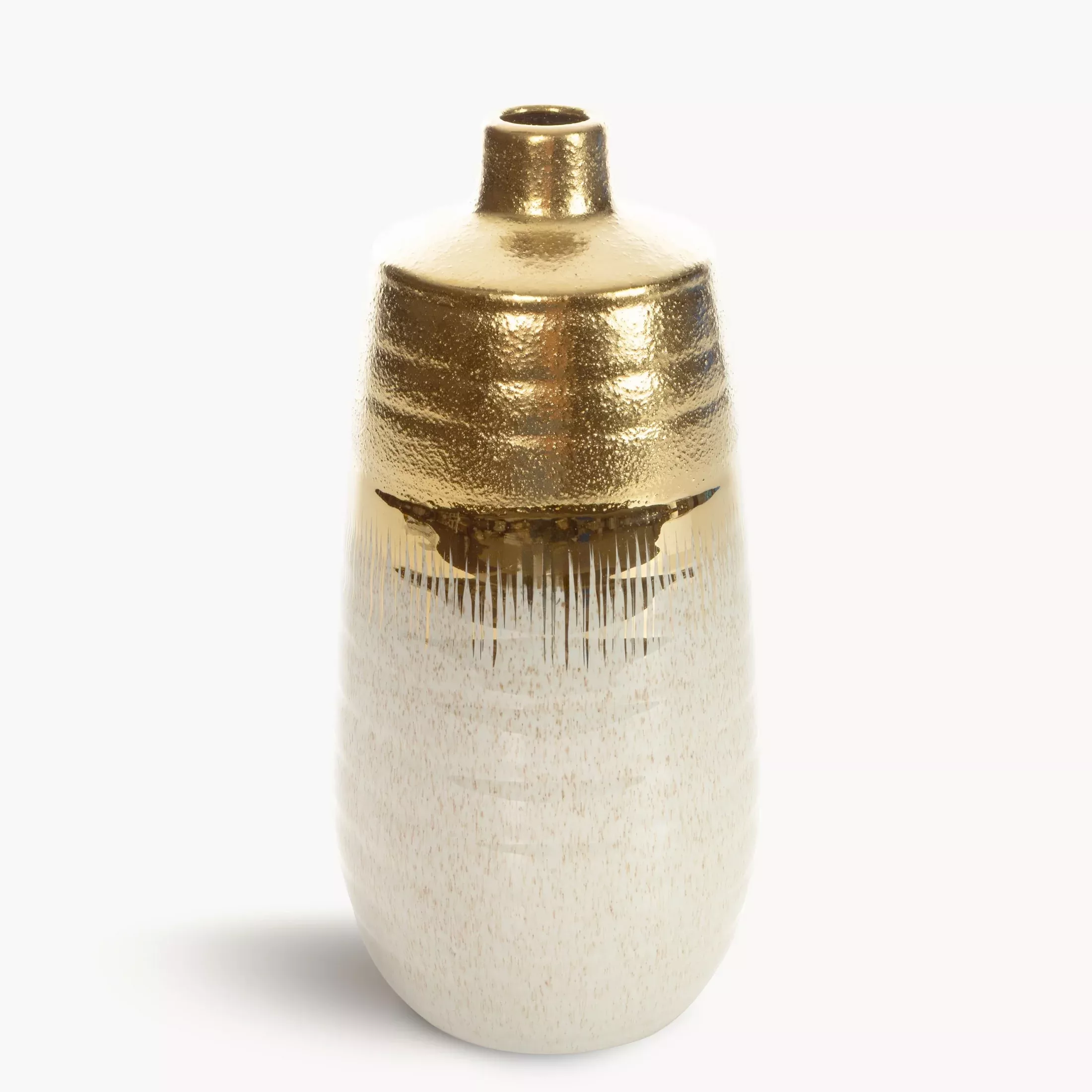 Wazon ceramicznykremowo-złoty łączący fakturę granitu z lśniącą powierzchnią 15x15x30 cm
