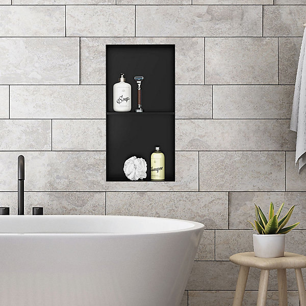 Niche murale de douche double encastrée sans rebord noir en acier 30x60x10 cm