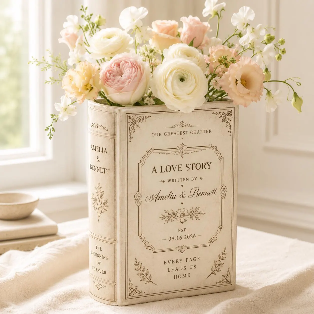 Personalized Ceramic Book Vase, Custom Wedding Love Story Flower Vase With Names, Vintage Floral Couple Decor Gift