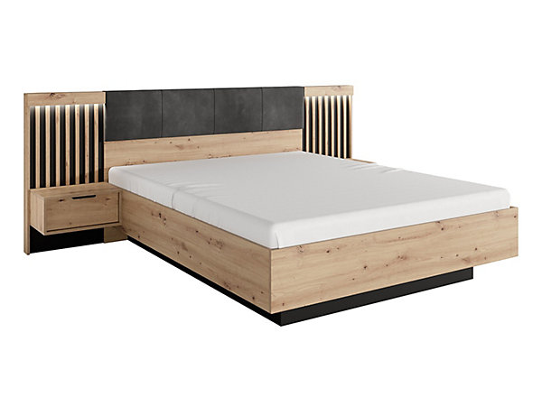 Lit avec chevets 160 x 200 cm - Avec LEDs - Coloris : Naturel et noir - ARIADA
