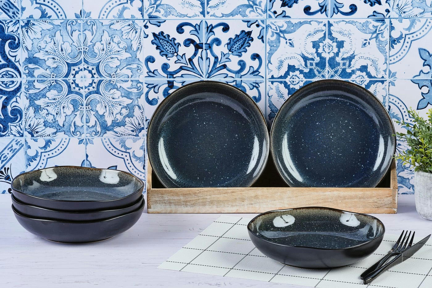 REACTIV - Lot de 6 assiettes creuses en grès bleu D22.5