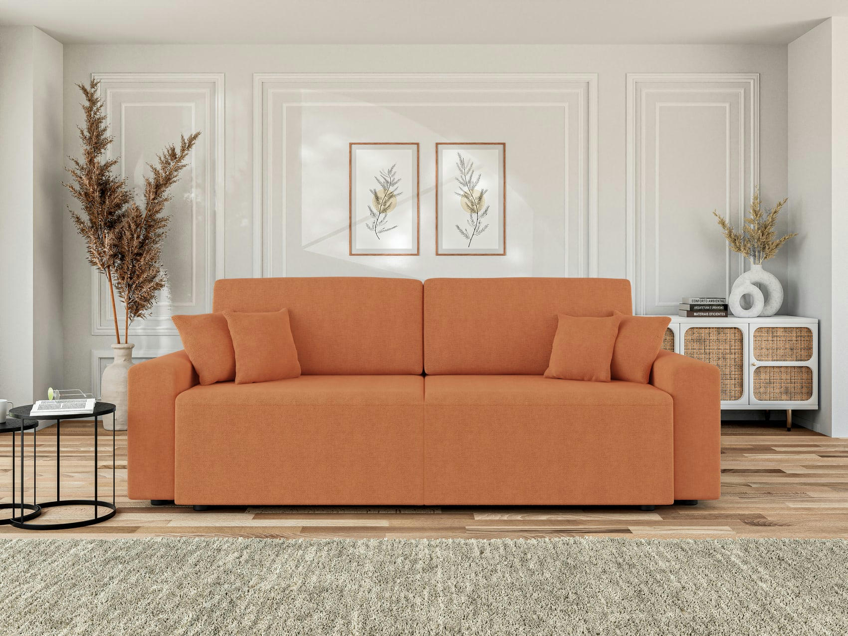 MILO - Canapé droit convertible en tissu 3 places rouille