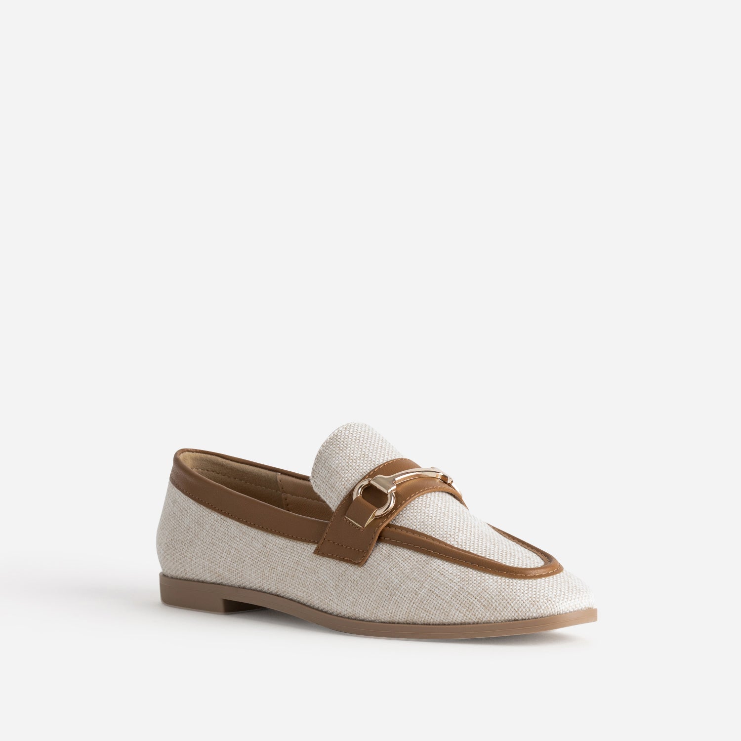 Mocassin bi-matière beige lin et cognac