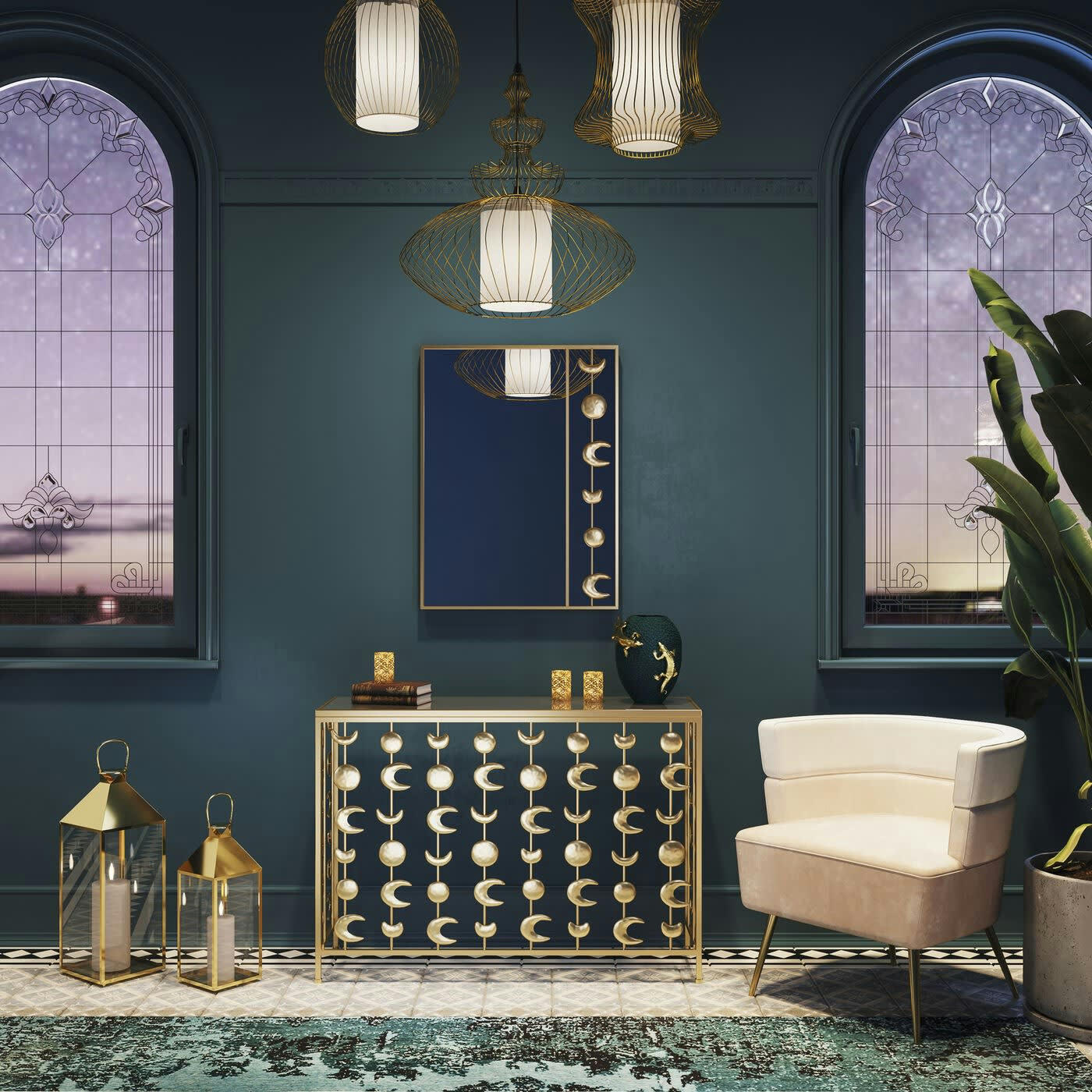 LUNES - Console en verre miroir et acier doré