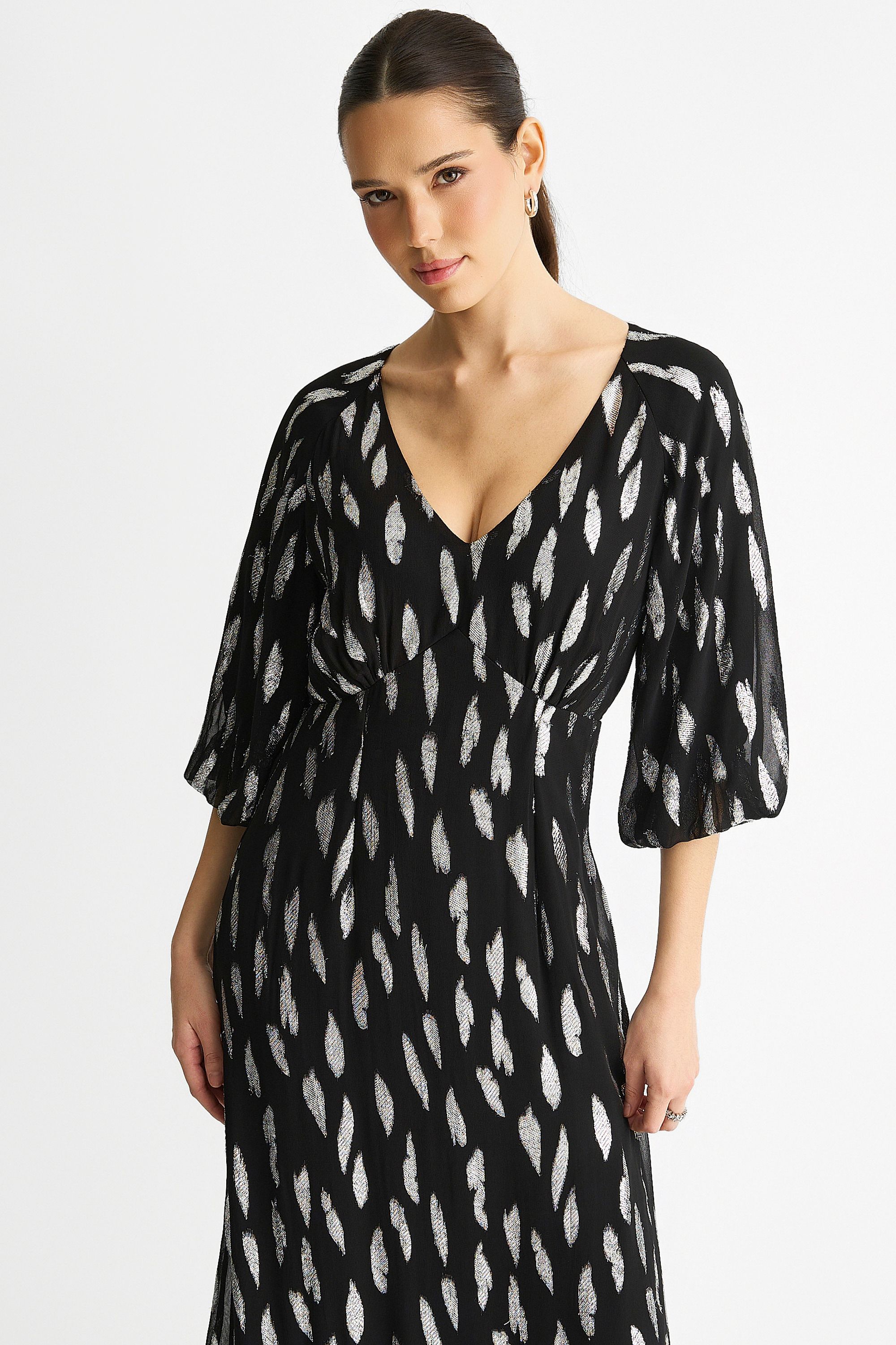 Gini London Black Viscose Clipped Balloon Sleeve Maxi Dress