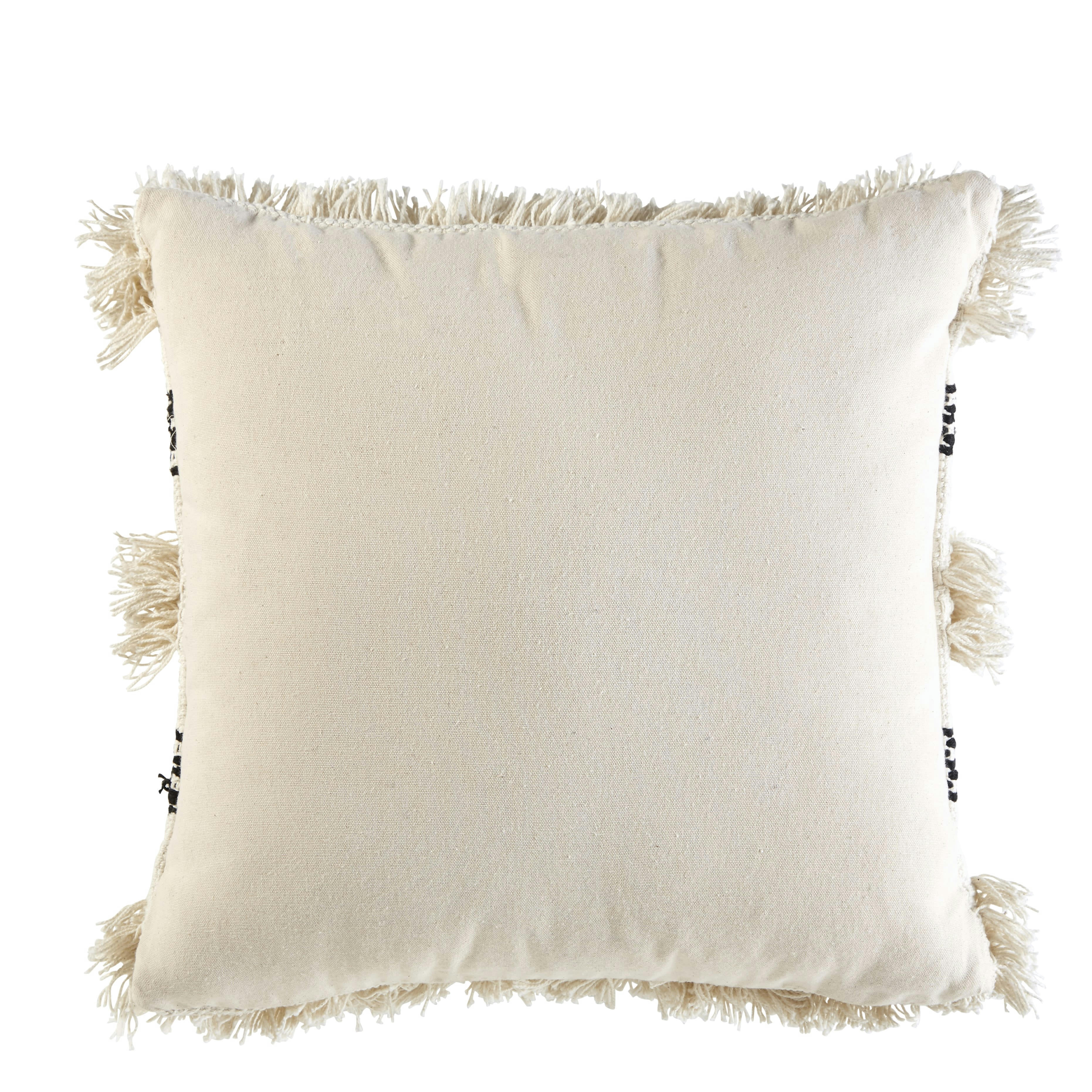 - Coussin en coton écru et noir à franges 45x45