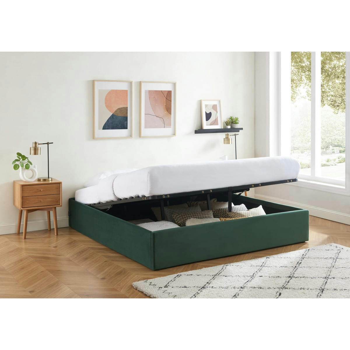 HANDY - Lit coffre 180x200cm en velours vert + sommier à lattes