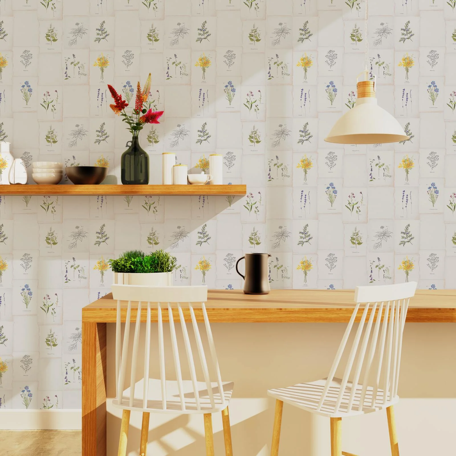 Papier peint intissé GARANCIA blanc, vert feuille et jaune d'or