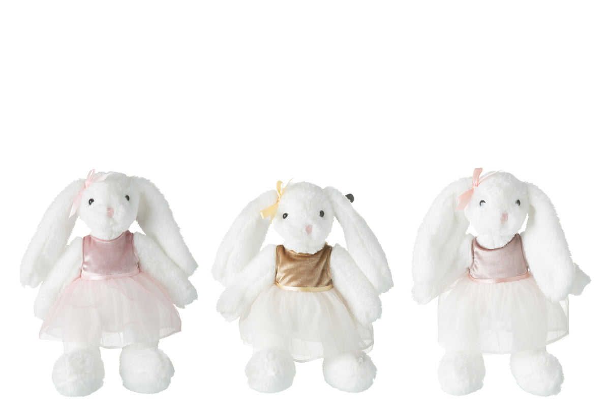 J-Line knuffel Konijn met Jurk - polyester - wit - 3 st.