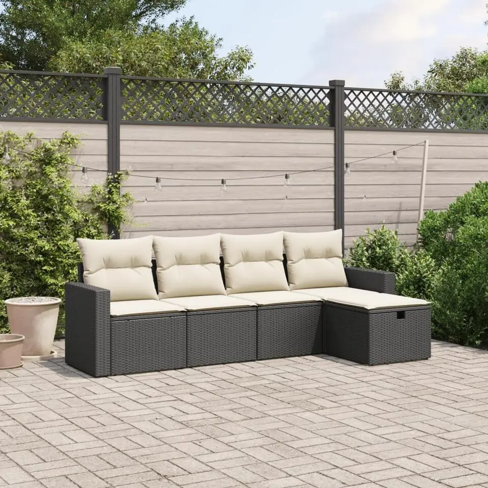 vidaXL - Loungeset - Zwart - Poly rattan - 5 stuks - Met kussens