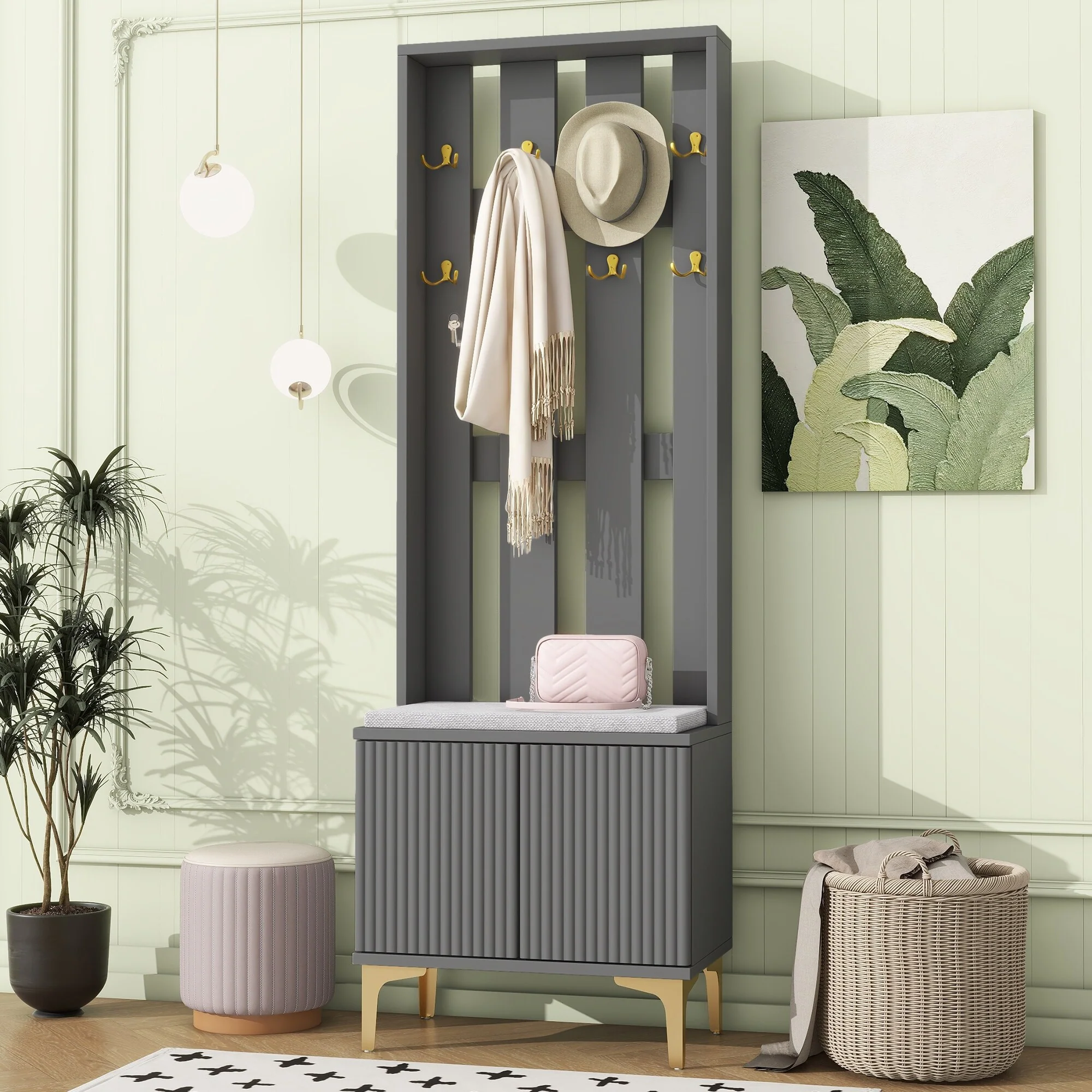 Modern Hall Tree, Wood Coat Rack with 8 Gold Hooks and Legs, Entryway Upholstered Bench with Adjustable Shelves & Doors