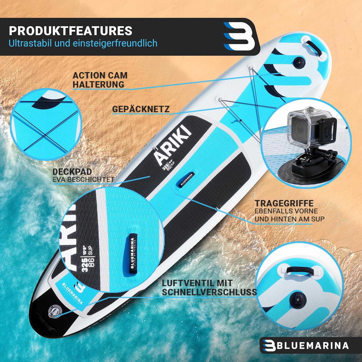 Bluemarina Stand Up Paddling Board Ariki | 𝟓 𝐉𝐀𝐇𝐑𝐄 𝐆𝐀𝐑𝐀𝐍𝐓𝐈𝐄 - SUP Board - Stand Up Paddle - Surfbrett | 325x86x15cm 140kg