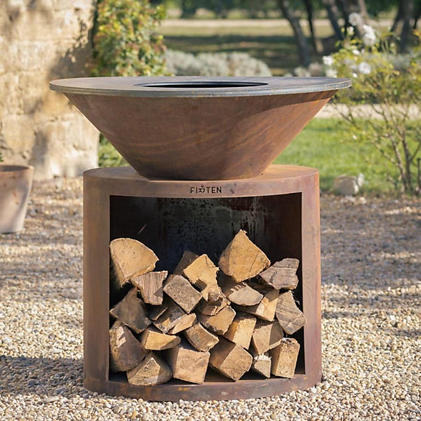 Brasero en acier corten ellipse diamètre 100 cm avec plaque de cuisson - FIRTEN