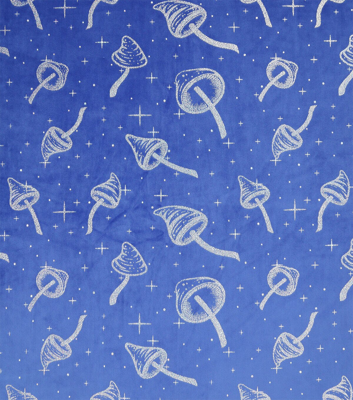 Foil Mushrooms on Blue Pure Plush Fleece Fabric