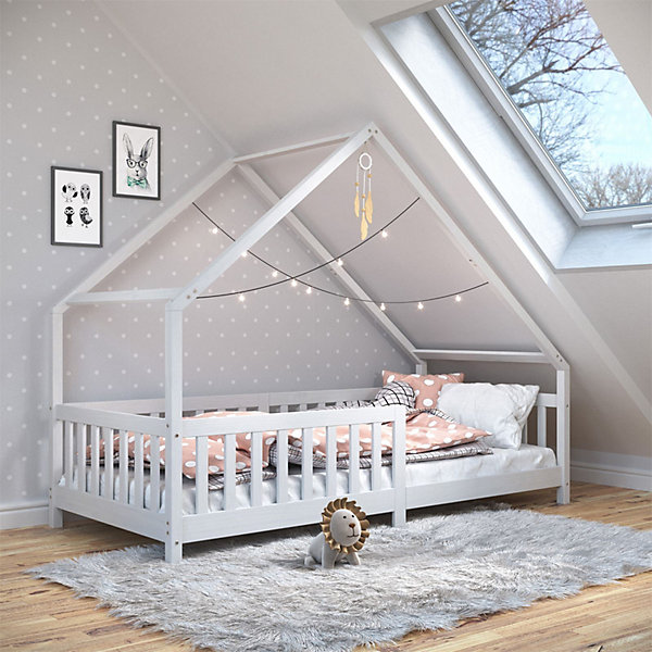 Lit cabaneasymétrique CORA 90 x 190 cm en pin massif lasuré blanc
