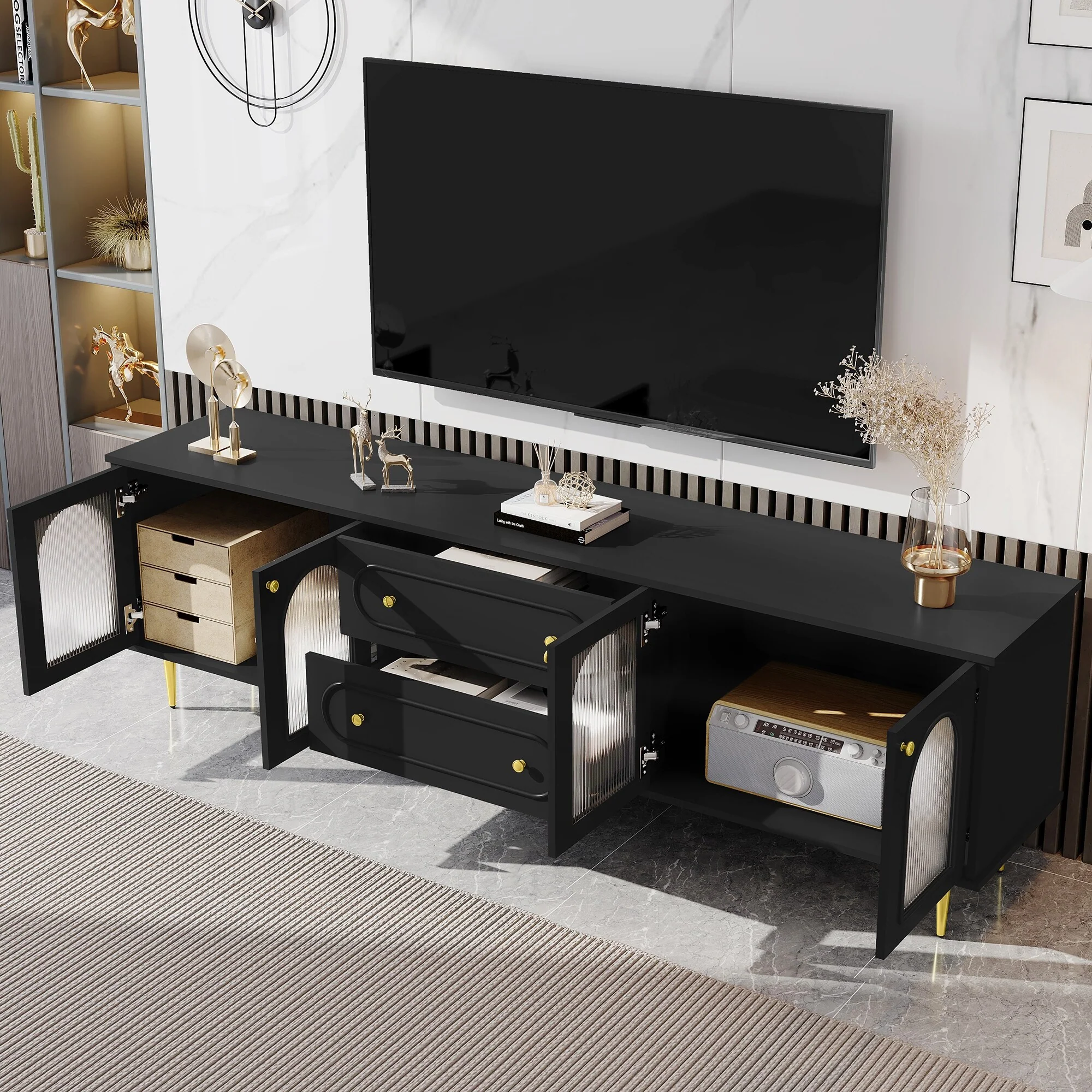 78.7 Modern TV Stand, TV Cabinet with Five Metal Legs and Metal Handles, 2 Drawers and 2 Cabinets with Fluted Glass Doors