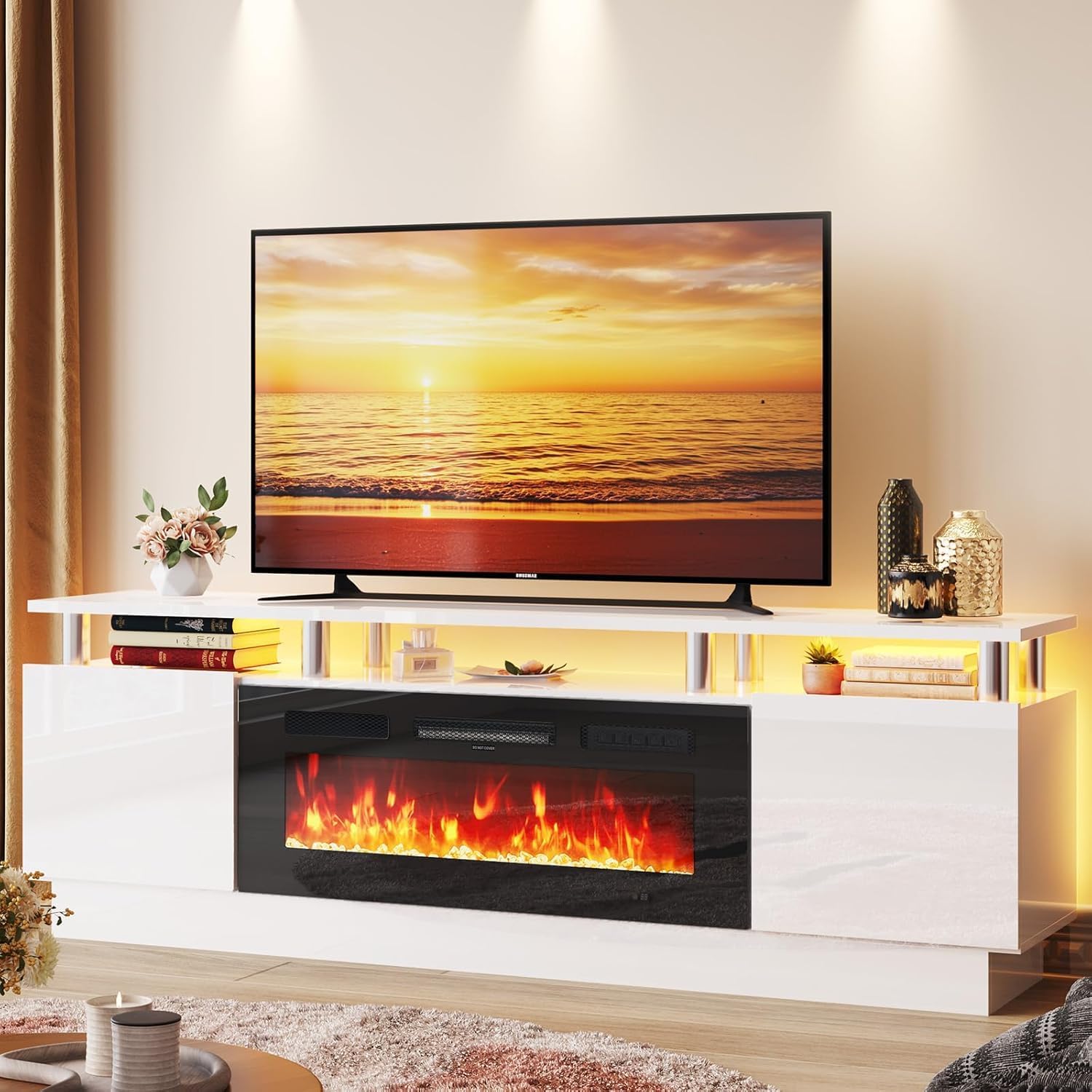 70 Fireplace TV Stand, 2-Tier LED Entertainment Center with 36 Fireplace, Fits TVs up to 80, Modern High Gloss TV Console with LED Lights & Storage Cabinets for Living Room, White + Black