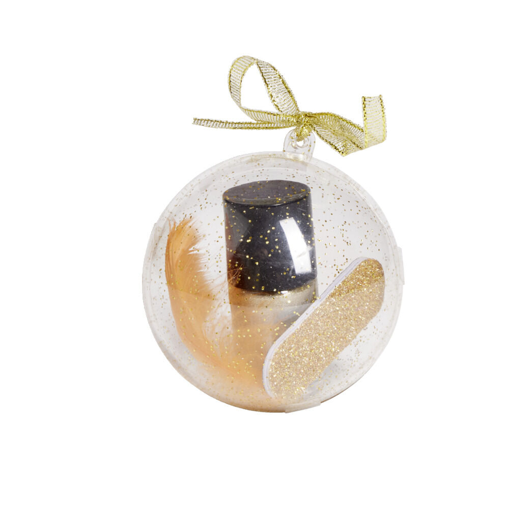 Boule de No&euml;l transparente Ø8cm avec lime et vernis à ongles doré