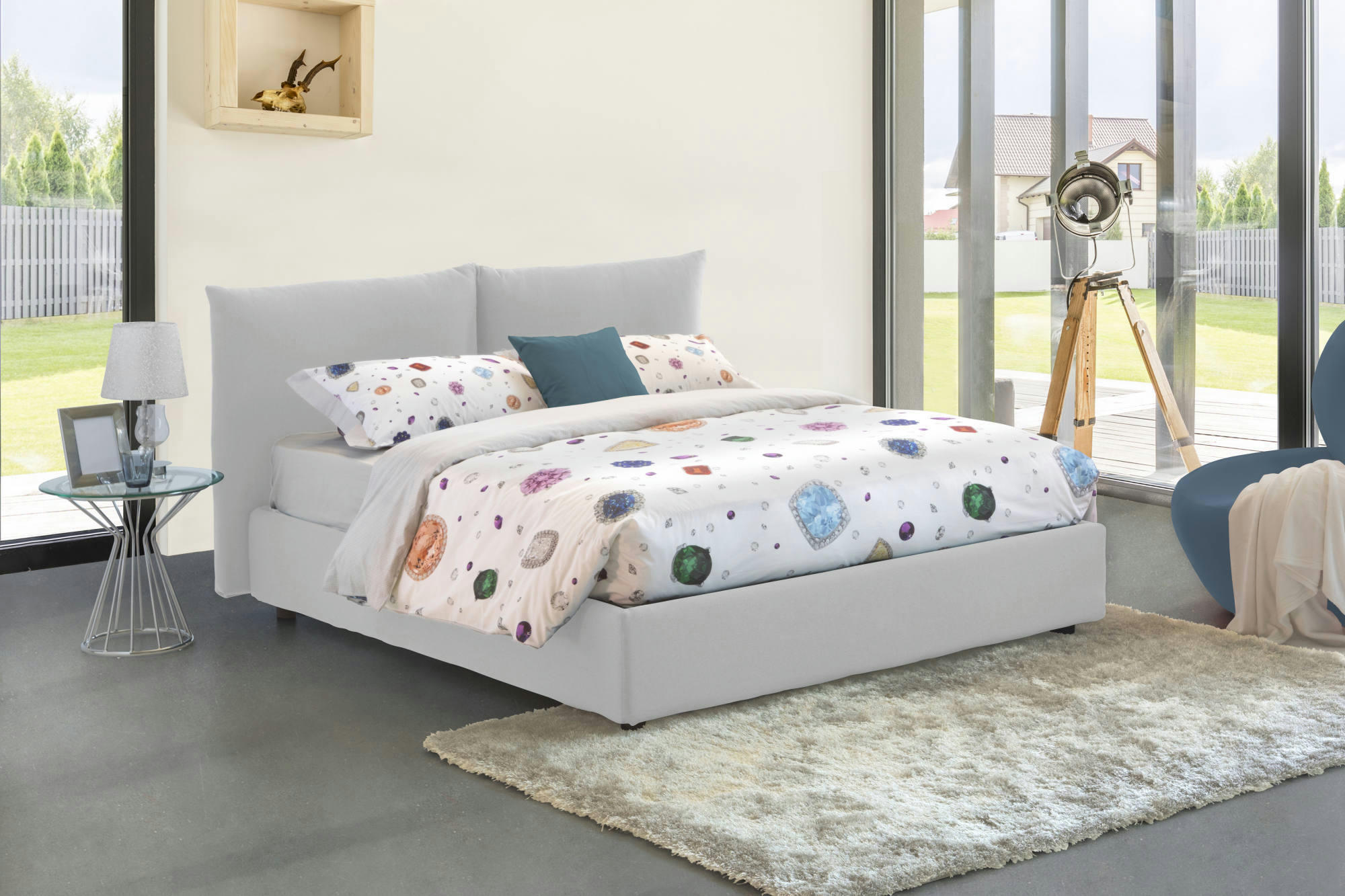 GABRIELLA - Lit coffre 160x200 cm en tissu blanc
