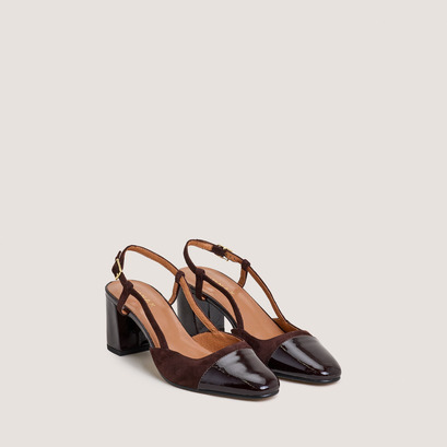 Slingbacks à talonsen vernis marron foncé et velours marron | DHAPOP