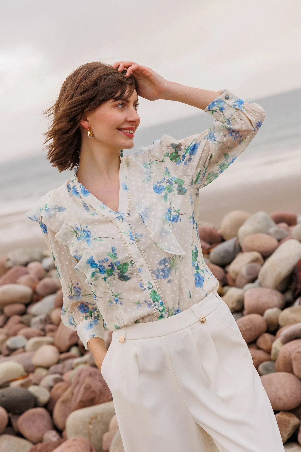 Cream Dobby Blouse with Blue Floral Print