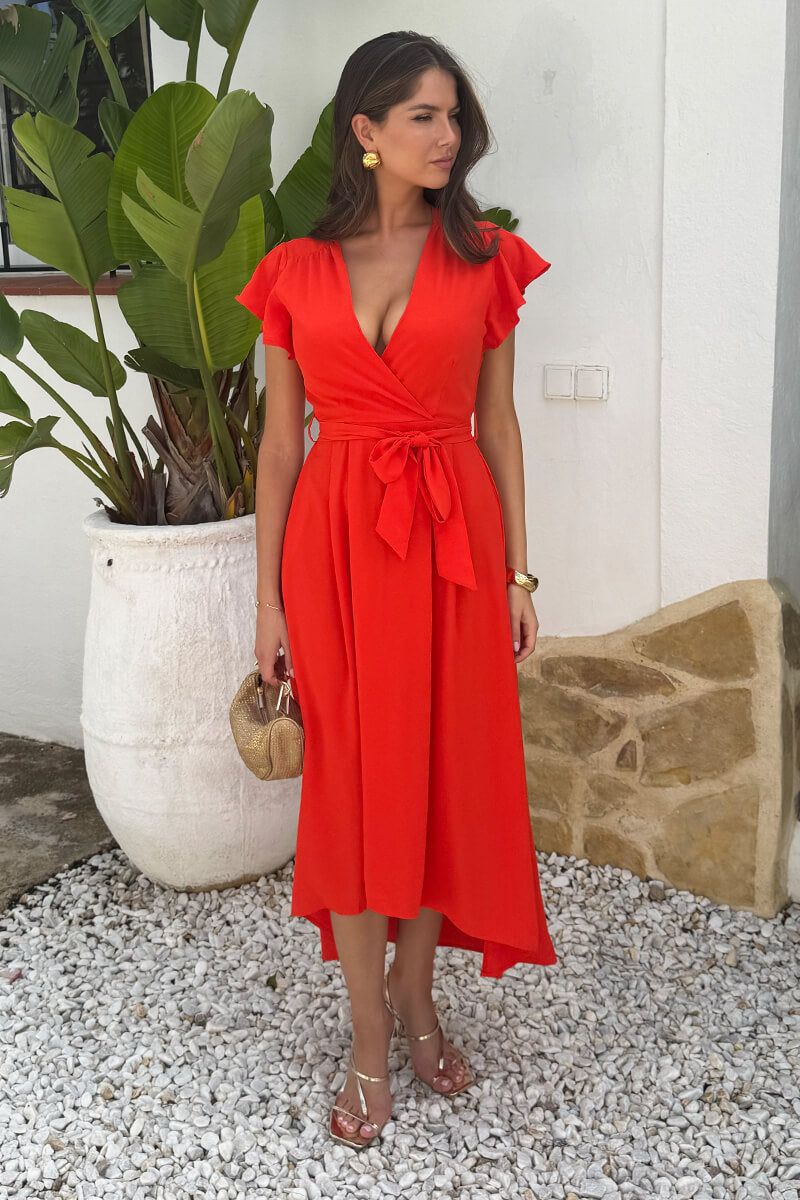 AX Paris Burnt Orange Flutter Sleeve Belted Wrap Midi Dress