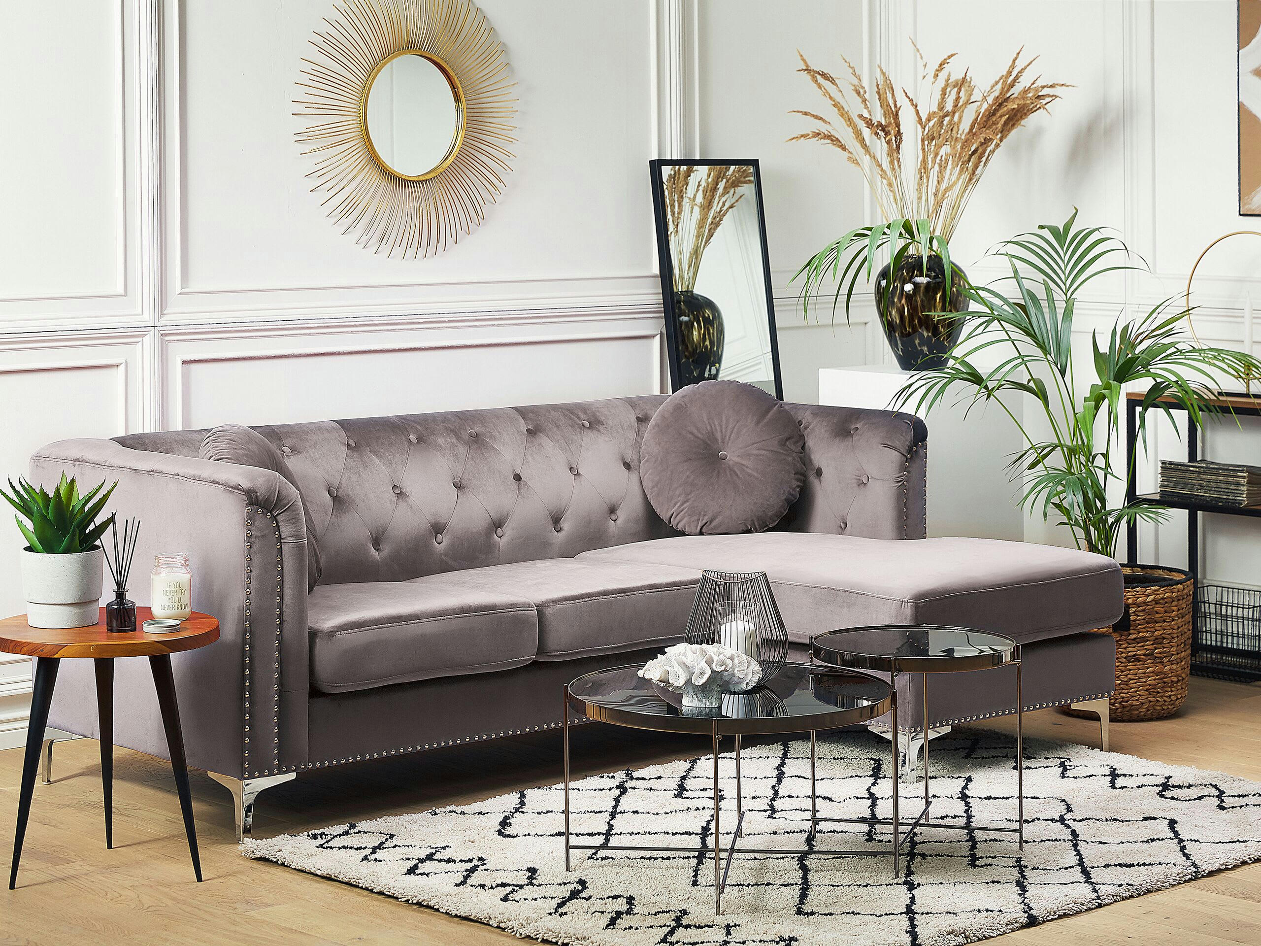 FLEN - Canapé d'angle 3 personnes en velours gris