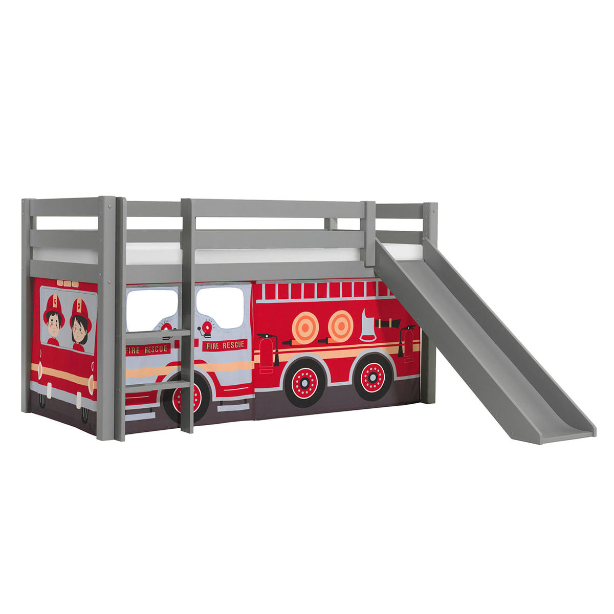 PINO - Lit mi-hauteur 90x200 toboggan sommier inclus housse pompier gris