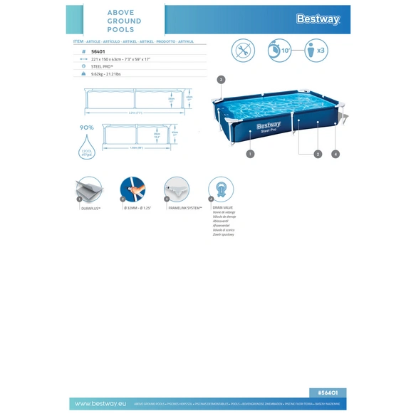 Framepool, ohne Pumpe 221 x 150 x 43 cm, dunkelblau, eckig