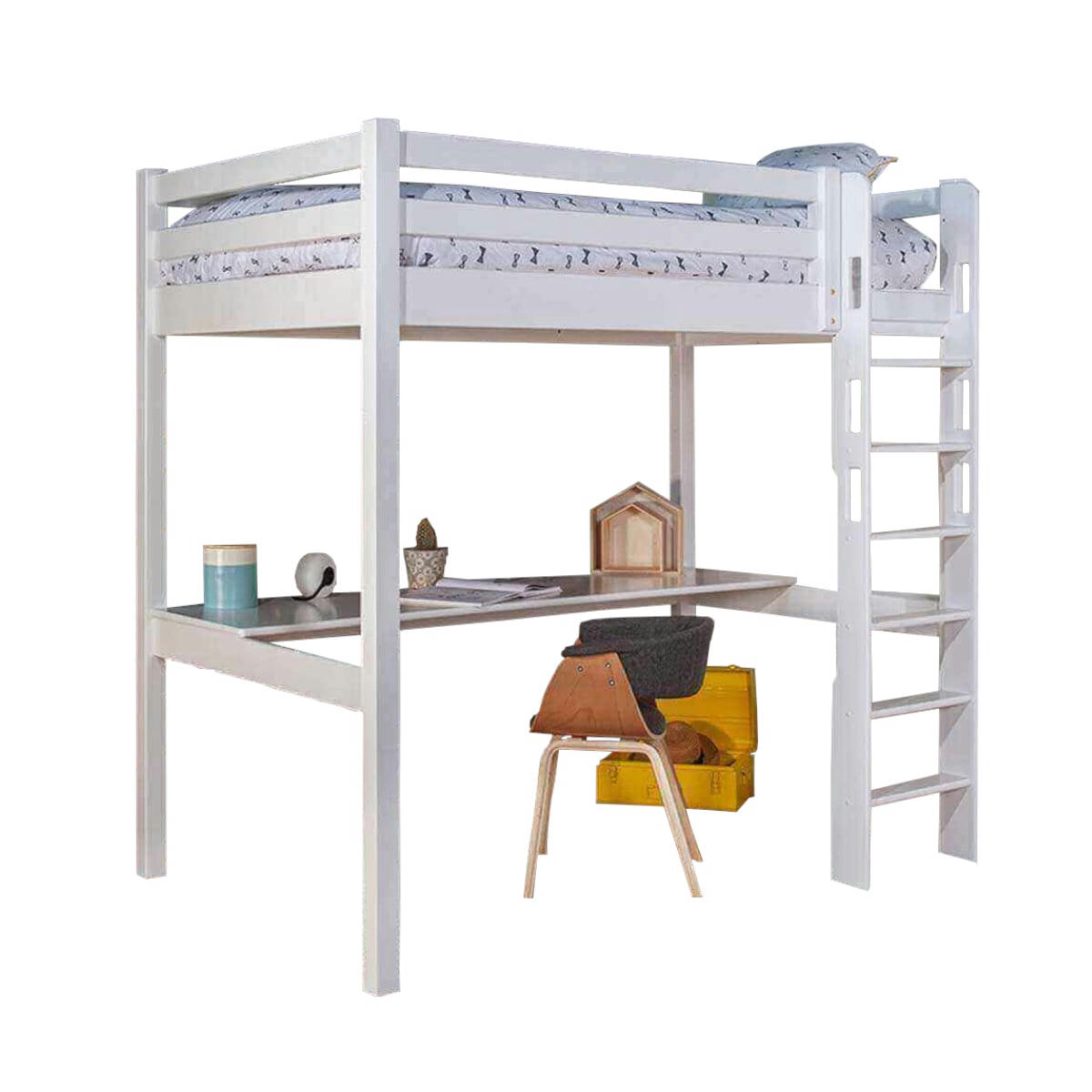 ORPHÉE - Lit mezzanine avec bureau 90x190 cm bois massif blanc