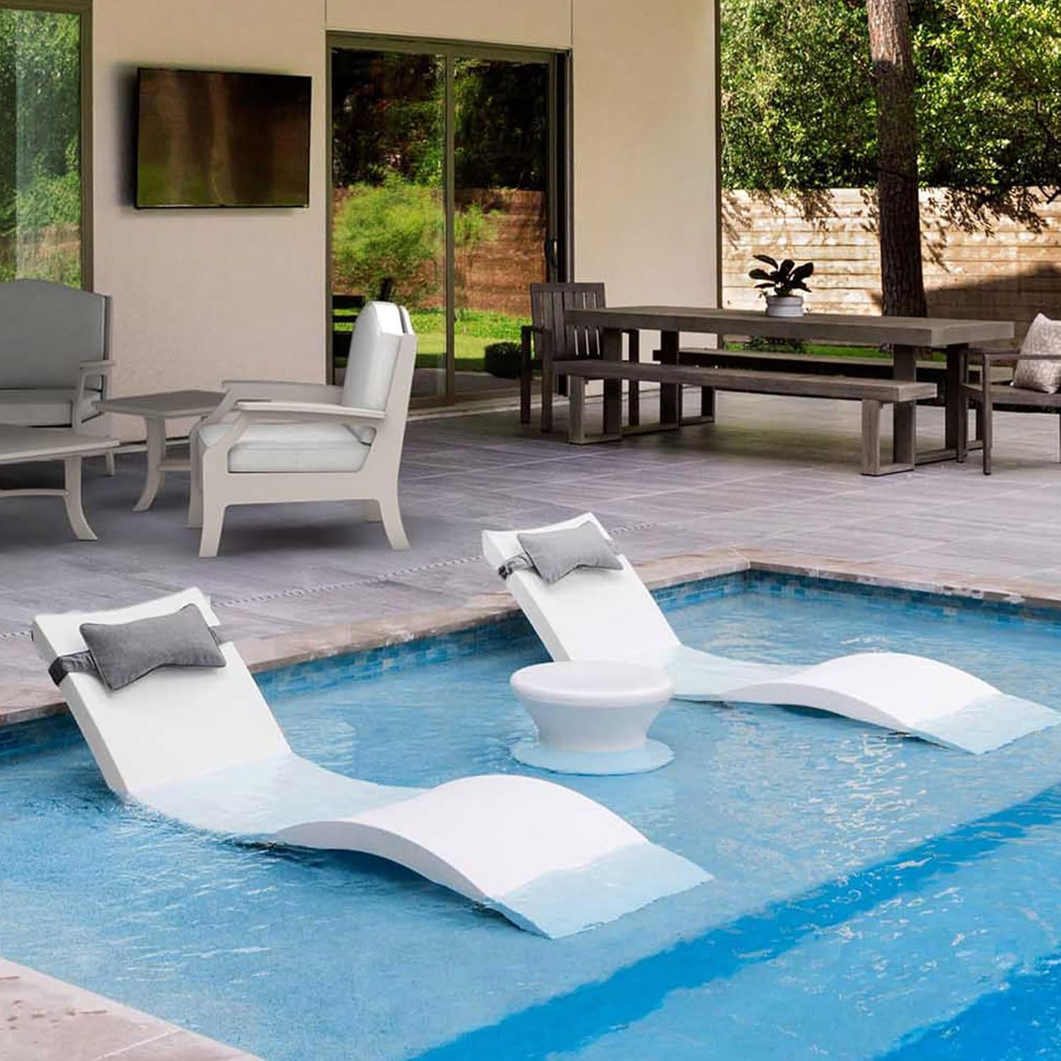Ledge Lounger Outdoor Paradise - All Weather - Outdoor Lounge Set, Patio, Backyard, Garden, in-Pool SET -Includes 2 Chaises, 2 Headrest Pillows and 1 Signature Side Table With No Umbrella Hole (Capri)