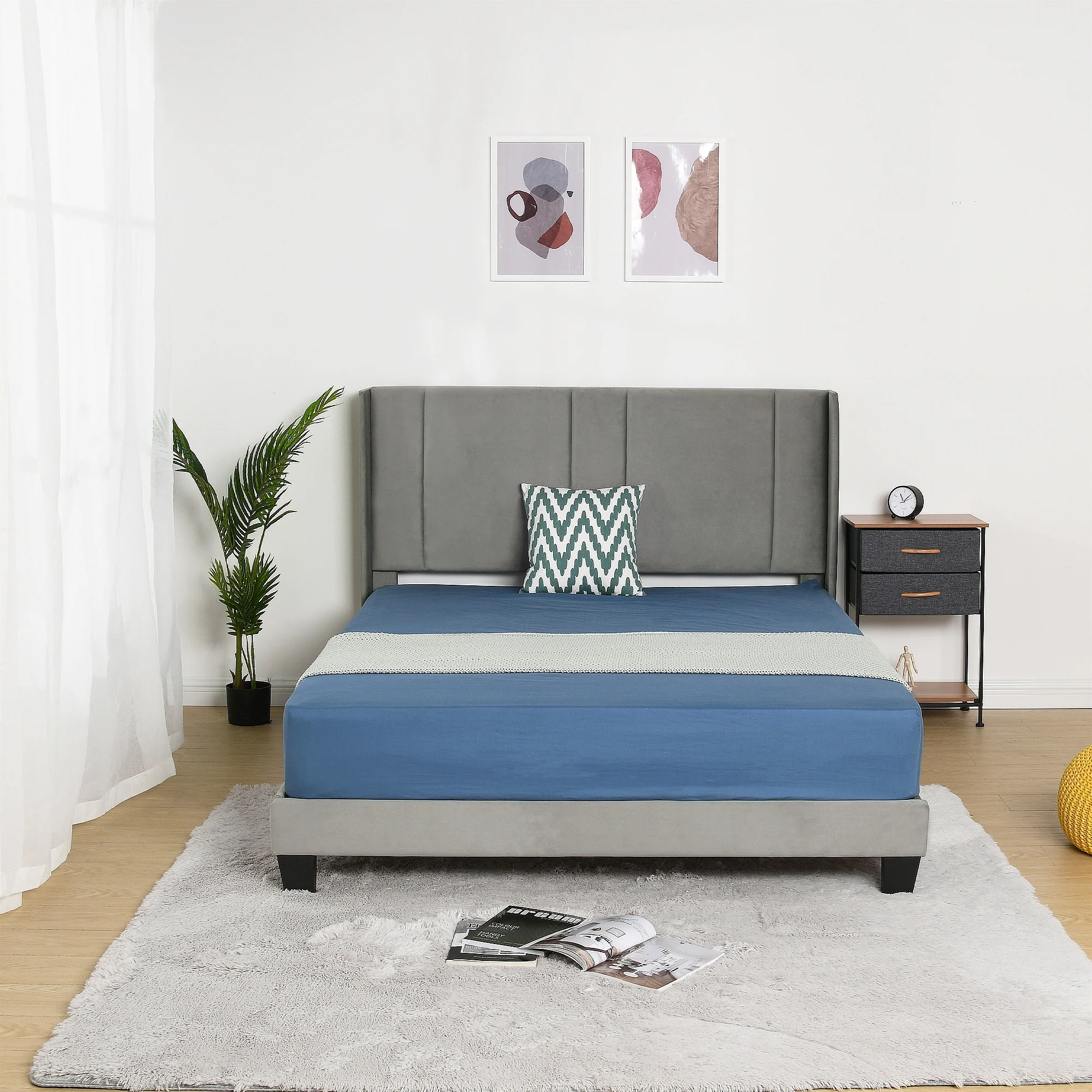 Modern Full Upholstered Platform Bed Frame with Wingback Headboard