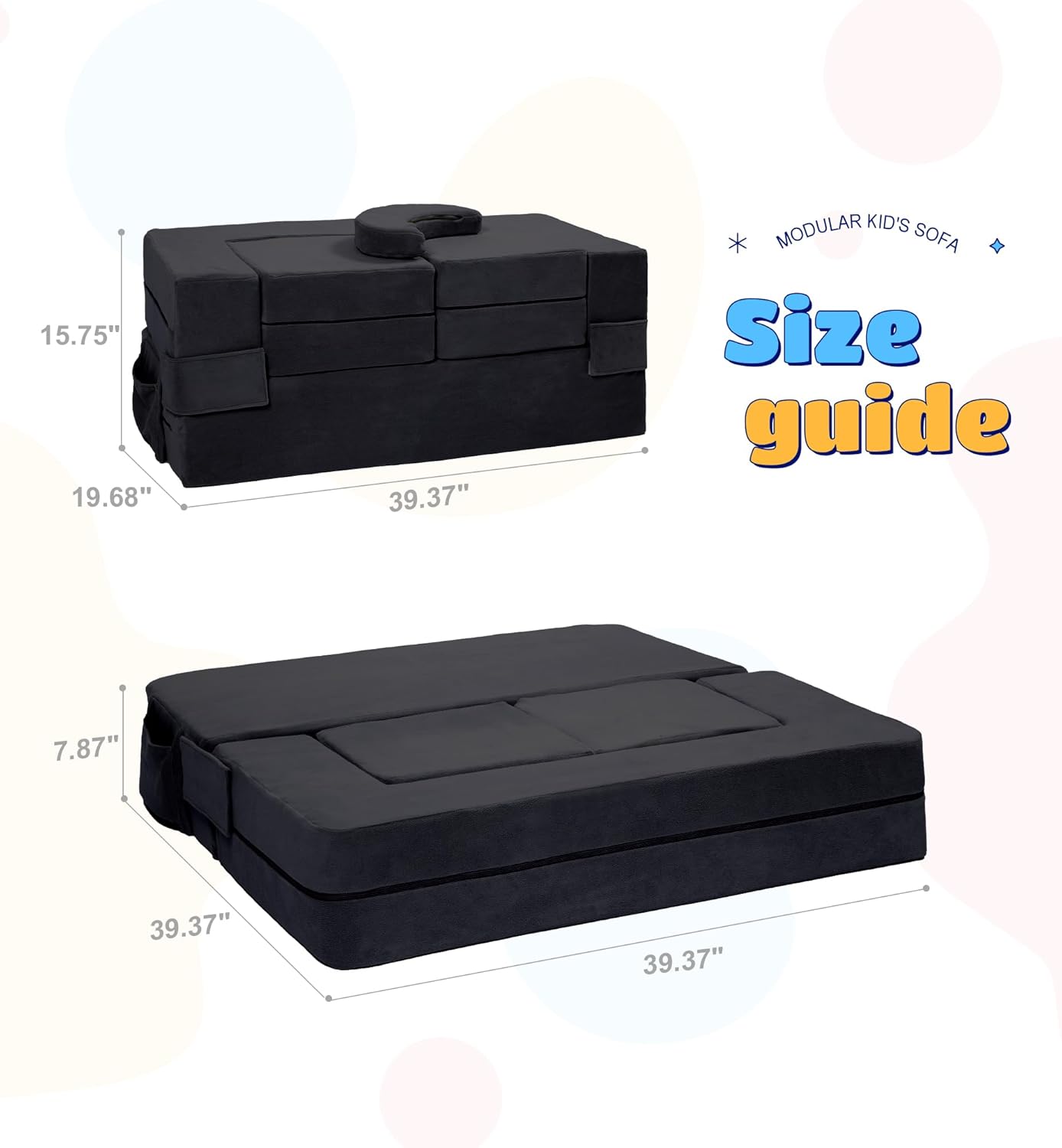 Elftopia Modular Kids Sofa,Toddler Couch Foam Armchair for Kids, Children Convertible Plush Sofa Play Set,Fold Out SofaBed(Black)